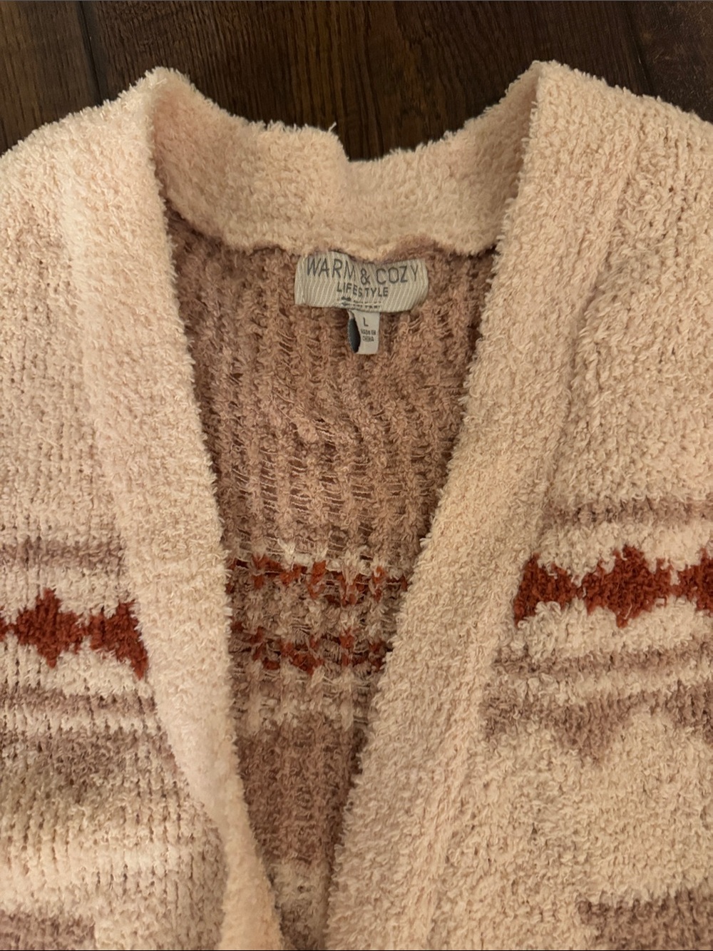 Cozy Cream & Rust Geometric Open-Front Women's Cardigan Sweater - Picture 2 of 4